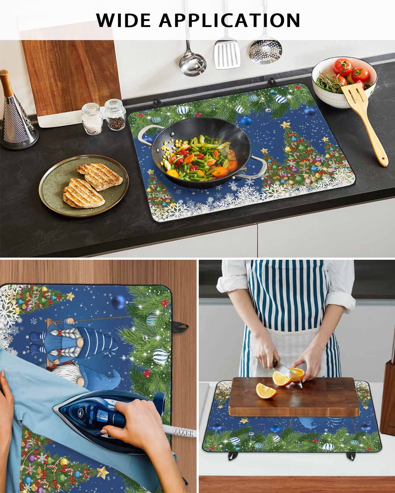 Large Induction Cooktop Protector Mat Blue Gnomes Christmas Stove Top Covers for Electric Stove, Xmas Tree Weeping Balls Snowflake Decorative Stove Burner Cover Mats, Glass Top Stove Cover