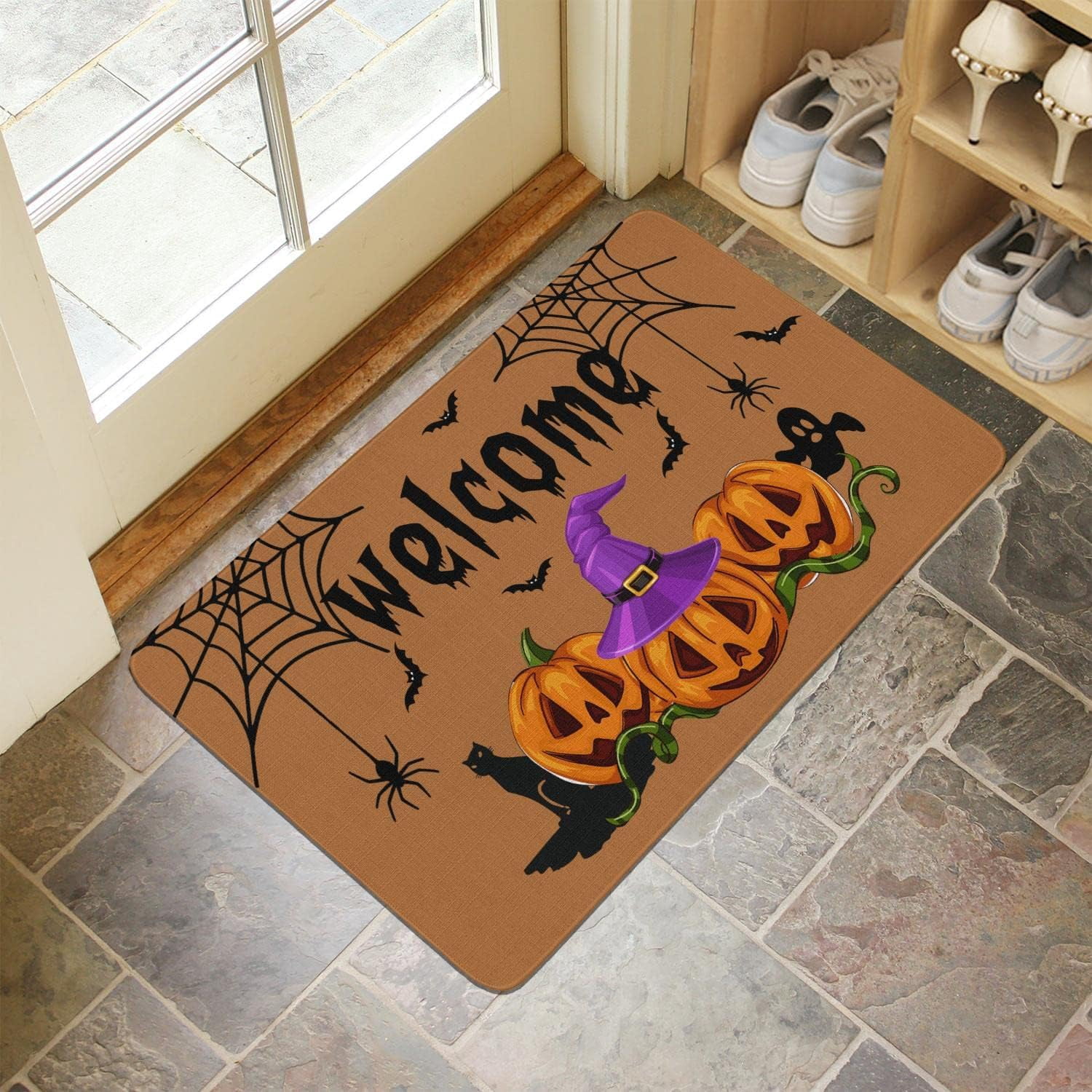 Linen Door Mat Pumpkin Dirt Resist Rug Halloween Welcome Indoor and Outdoor Front Entrance Doormat Home Decor Heavy Rubber Backing for Non Slip, 30" X 17"