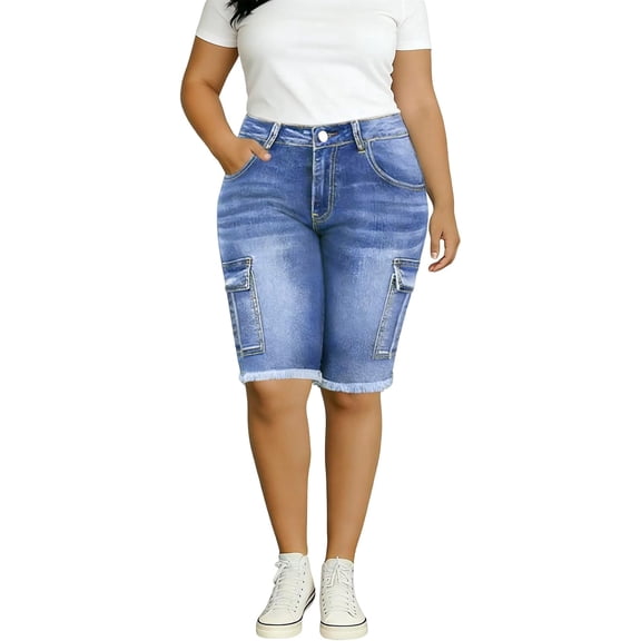 QERINTE Women Plus Size Jean Shorts Cargo Bermuda Shorts High Rise Casual Stretchy Womens Long Denim Shorts Summer Jorts