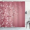 Japanese Shower Curtain, Spring Season Sakura Design Romantic Cherry Blossom On Blurry Branches, Cloth Fabric Bathroom Decor Set With Hooks, 69" W X 84" L, Pastel Pink