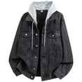 thumbnail image 4 of Jerdar Men's Faux Two Piece Hooded Denim Trucker Jacket Lapel Collar Button Flap Pockets Washed Long Sleeve Loose Fit Vintage Casual Fall Winter Streetwear Jean Outerwear Coat Top, 4 of 5
