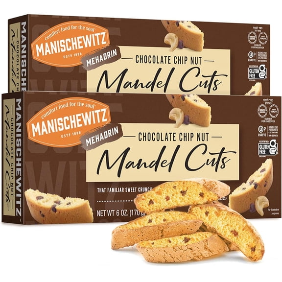 Manischewitz Chocolate Chip Nut Mandel Cuts 6oz 2 Pack, Dairy Free, Gluten Free & Grain Free Biscotti, Kosher for Passover