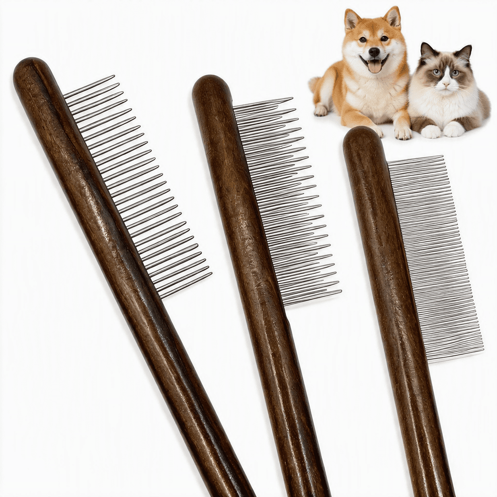 3-Piece Wooden Flea and Lice Comb Set for Dogs and Cats, Stainless Steel Grooming Tools for Tear Stains, Detangling, and Dematting
