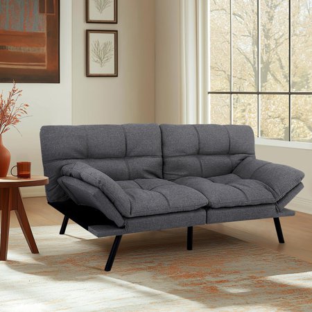 Convertible Futon Sofa Bed,71" Memory Foam Futon Couch,Linen Modern Loveseat Sleeper Couch with Adjustable Backrest & Armrest,Detachable Cushion for Living Room,Office,Apartment,Grey