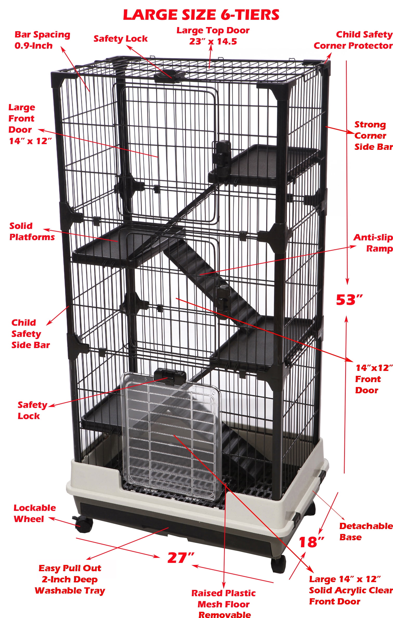 Pink X-LARGE 52-inch Deluxe and Spacious 5-Level In/Outdoor Ferret Chinchilla Guinea Pig Cage Rabbit Hutch Paw Safe Solid Platform Ramp Mesh Floor Leakproof Tray Large Access Doors Lockable Casters