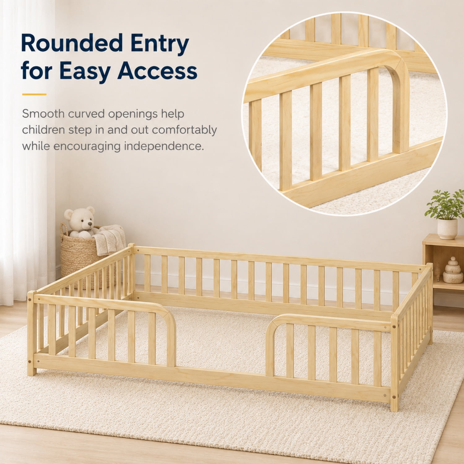 Miniyam Full Size Floor Bed with Guardrails, Low Profile Wooden Kids Bed Frame with Rounded Entrance, Natural