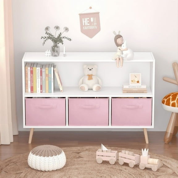 Gundir Kids Bookcase Bookshelf with Collapsible Fabric Drawers, Wooden Toy Storage Cabinet Organizer for Childrens Bedroom and Playroom, Pink