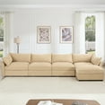 thumbnail image 3 of Newest L-shaped 4-seater modular sofa,1 movable footstool,crescent-shaped armrests,wraparound back, arm cushions,plus a pull-out storage drawer under each seat,chenille fabric,wheat colour., 3 of 20