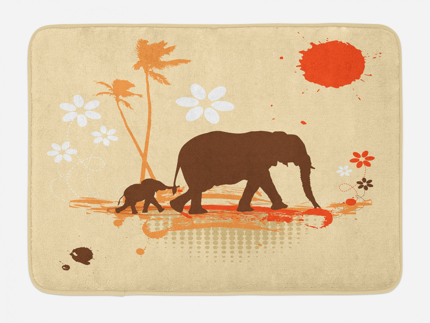 Elephant Bath Mat, Mother Baby Elephants in Tropical Lands Desert