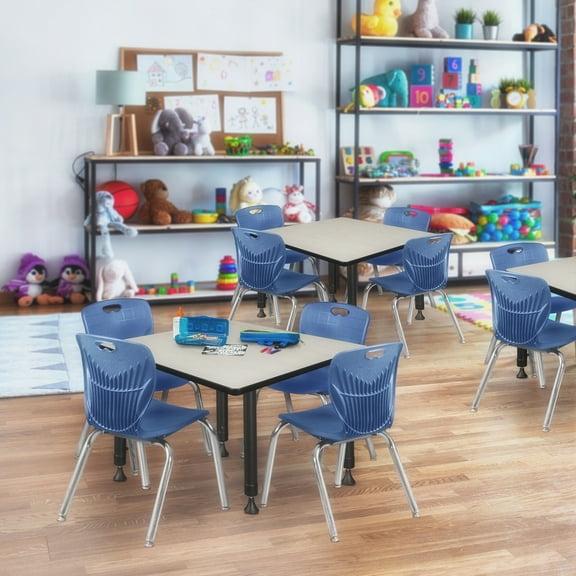 Regency Kee 36 in. Square Adjustable Classroom Table- Maple & 4 Andy 12 in. Stack Chairs- Blue