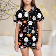 thumbnail image 2 of takafot Halloween Pjs Girls Pumpkin Ghost Print Short Sleeve Button Down Shirt Top and Shorts 2pcs Pjs Sets Sleepwear Pajamas Girls (Pink,10-11 Years), 2 of 5