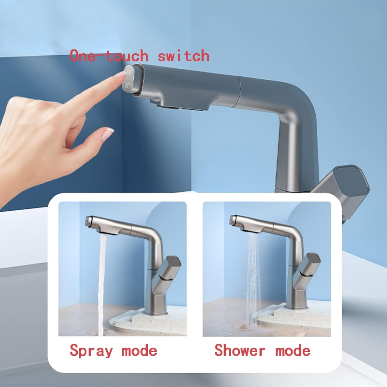 Bathroom Faucet with Pull Out Sprayer, 360° Rotation 2 Modes Faucets for Bathroom, Single Hole Faucet for Bathroom Sink Brass, Bathroom Faucet Single Handle,Black