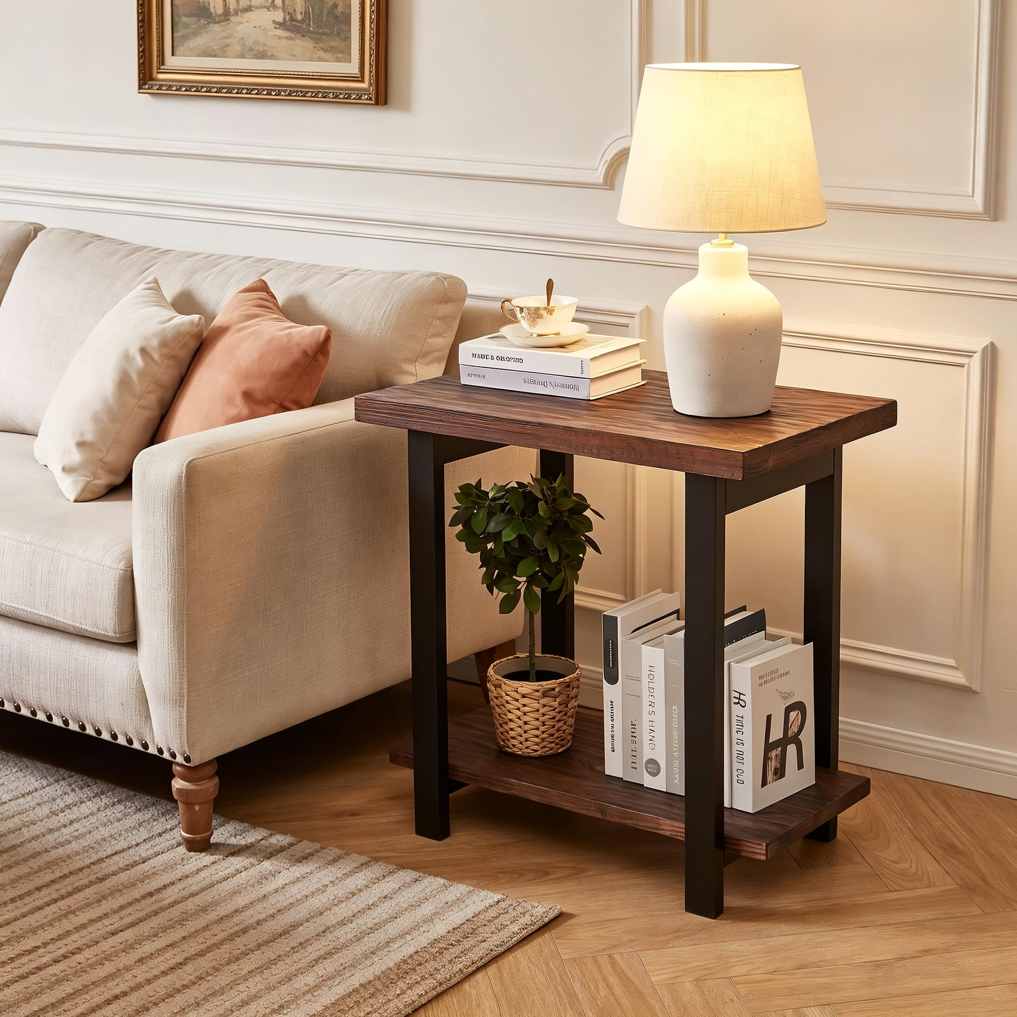 2-Tier Industrial End Table, Solid Wood Side Table with Distressed Pine Tabletop & Rubber Wood Legs, Farmhouse Storage Sofa Side Nightstand for Living Room Bedroom Entryway
