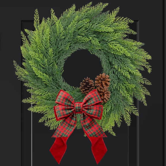 Christmas Decor, 24" Norfolk Pine Christmas Wreath with Bow & Berry Artificial Norfolk Pine Wreath, Greenery Wreath for Front Door, Porch, Wall, Window, Mantel, Indoor Outdoor Xmas Decor