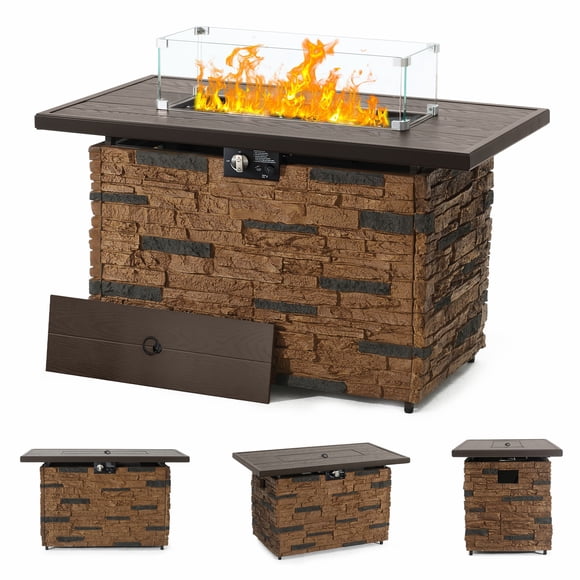43 in. Propane Fire Pit Table Outdoor Stone Firepit Table Rectangular 50000 BTU Propane Fire Tables for Patio, Brown