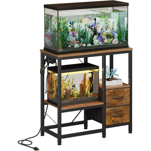 20-29 Gallon Fish Tank Stand with Power Outlet Vintage Metal Aquarium Stand with 2 Fabric Drawers Heavy Duty Reptile Tank Stand with 3-Tier Adjustable Storage Shelves, Left-Right Mounting