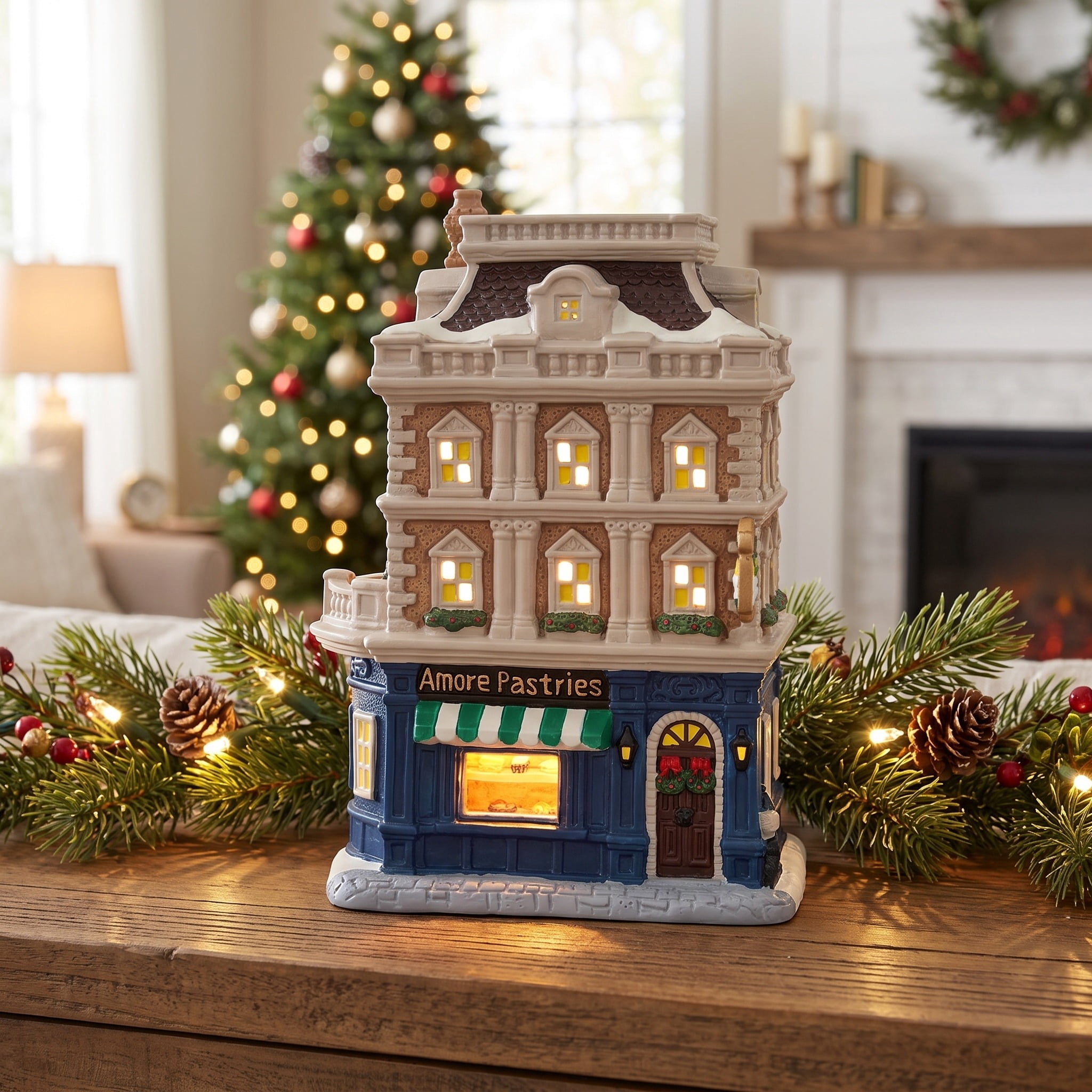 Light-Up Porcelain Amore Pastries Christmas Village Building, Multicolor, 8.87", by Holiday Time