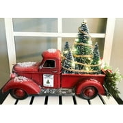 Ciaoed Pre-Lit Red Truck Christmas Decoration Vintage Ceramic Tree and Truck