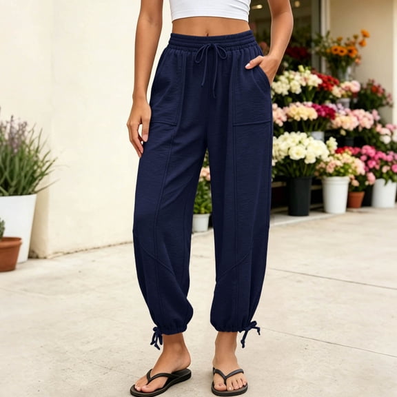 Jogger Pants For Women Elastic Waist With Pockets Tapered Jogger Summer Solid Travel Jogger Picnic Outfits Clean Silhouette Chic Minimal Classic Casual Dark Blue XXL