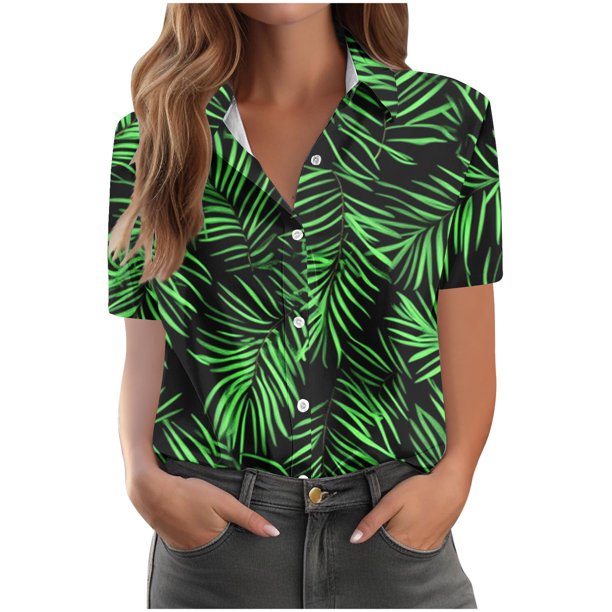 Pantalones Cortos para las Mujeres Impresión Sexy Cómodo Bolsillo de Manga Corta, Botón Top Blusa Camiseta