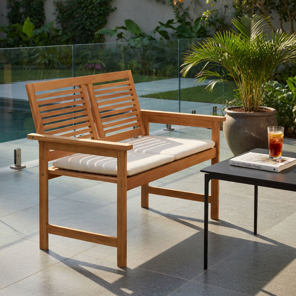Hommoo 2-Person Outdoor Wooden Patio Bench with Slatted Backrest & Seat, Wood Garden Bench for Porch, Balcony & Backyard, Natural