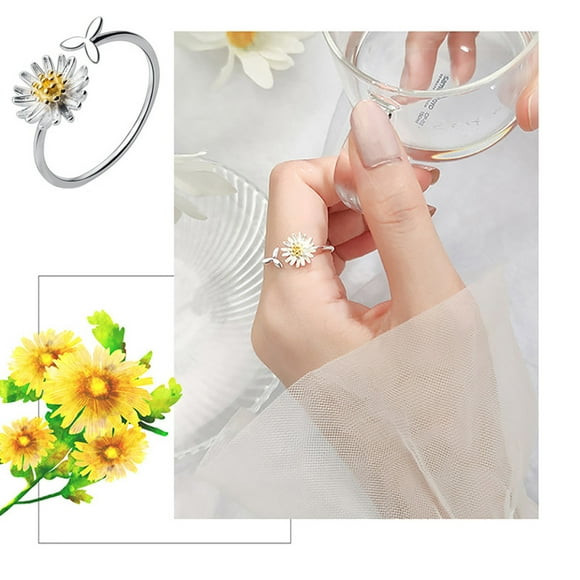 HomeKingdee Daisy Ring with Small Leaf Design - Open Adjustable Flower Jewelry for Daily Wear Gift Giving
