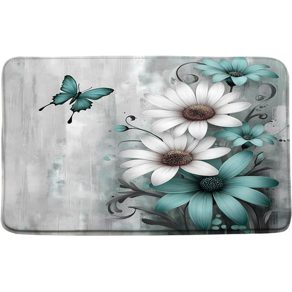 Rustic Farmhouse Floral Bath Mat Farm Teal Blue Daisy Country Wild Flowers Butterfly Country Wildflower Vintage Grey Watercolor Blossom Plant Bathroom Rug Indoor Carpet Doormat 20x32 Inch