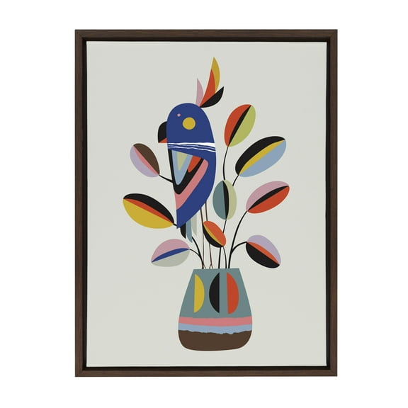 Kate and Laurel Sylvie Rubber Plant Framed Canvas Wall Art By Rachel Lee of My Dream Wall , 18x24 Brown, Abstract Botanical Bird Art for Wall