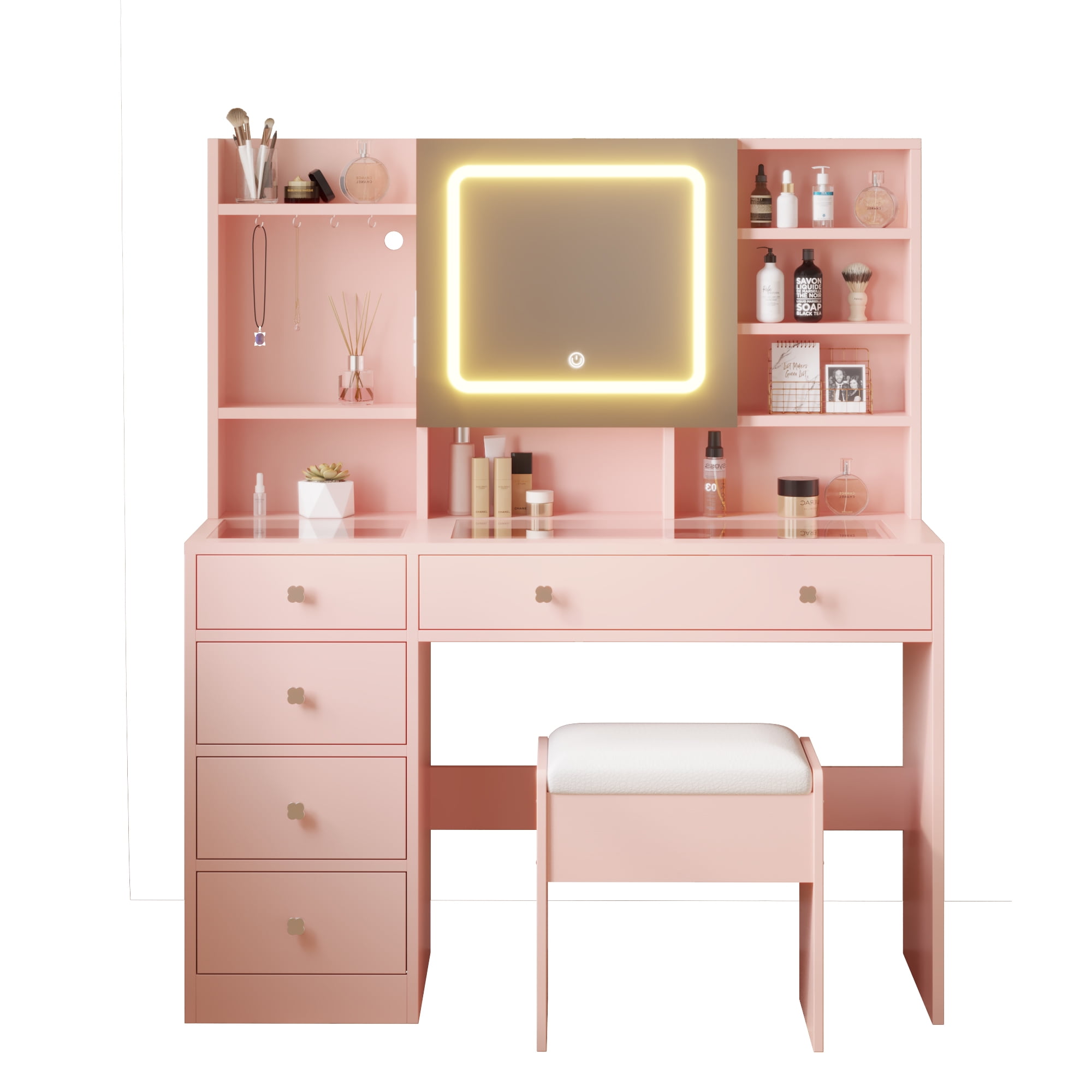 Ktaxon Large 47.2" Makeup Vanity with 3 Color Lights, Dressing Table with USB Charging Station, Light Pink