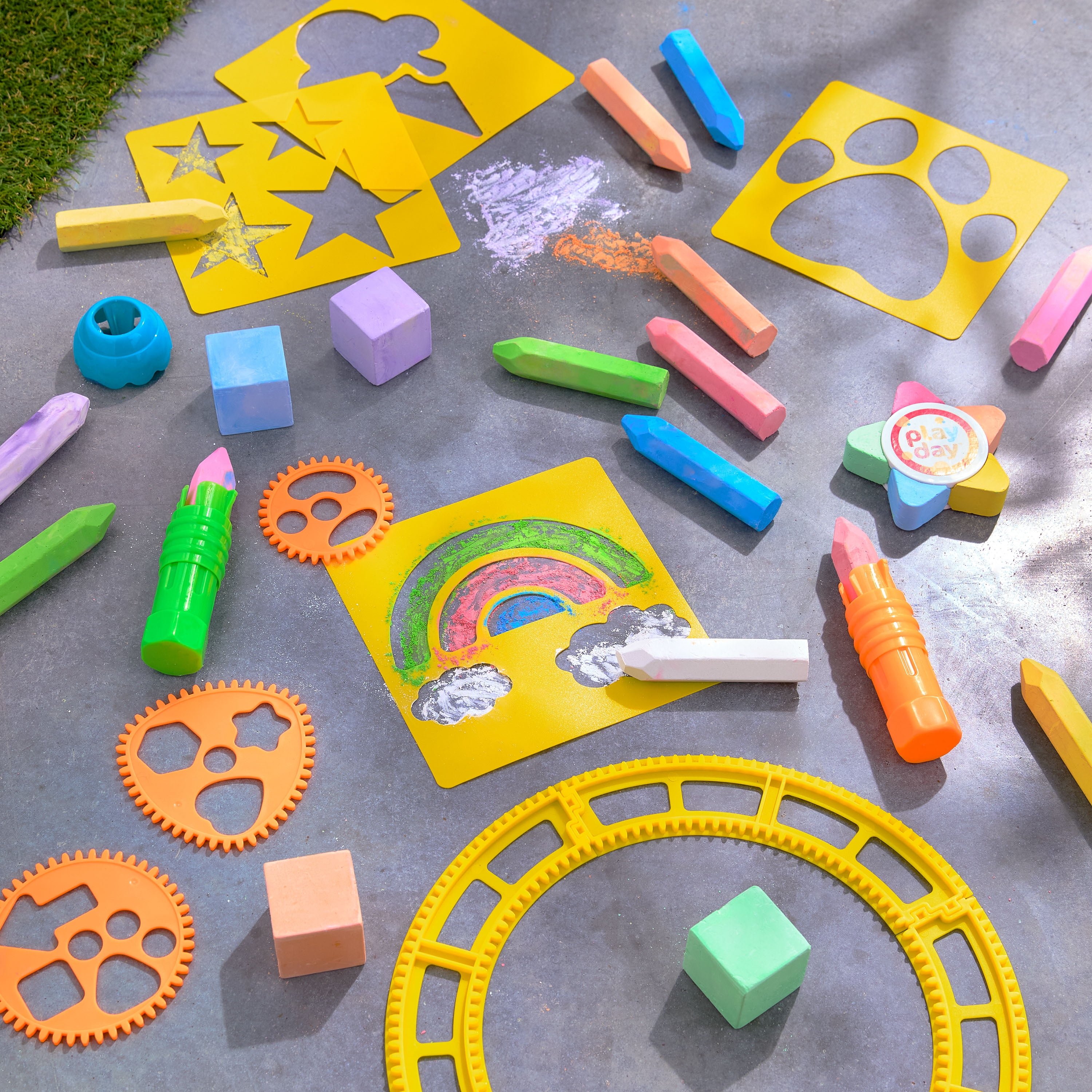 Play Day 90-Piece Multicolor Sidewalk Chalk Set with Stencils and Tools