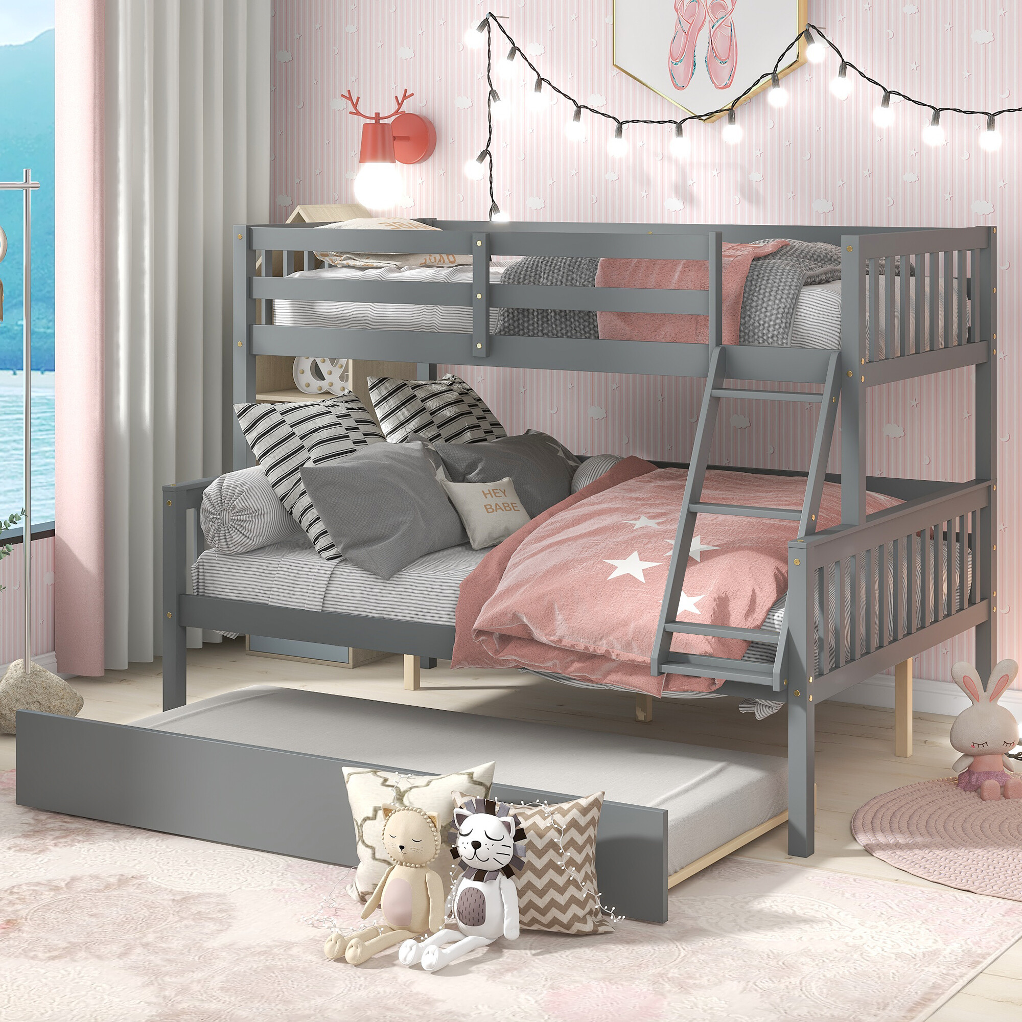 Gray Bunk Bed with Trundle, Convertilbe Solid Wood Bunk Bed with Ladder