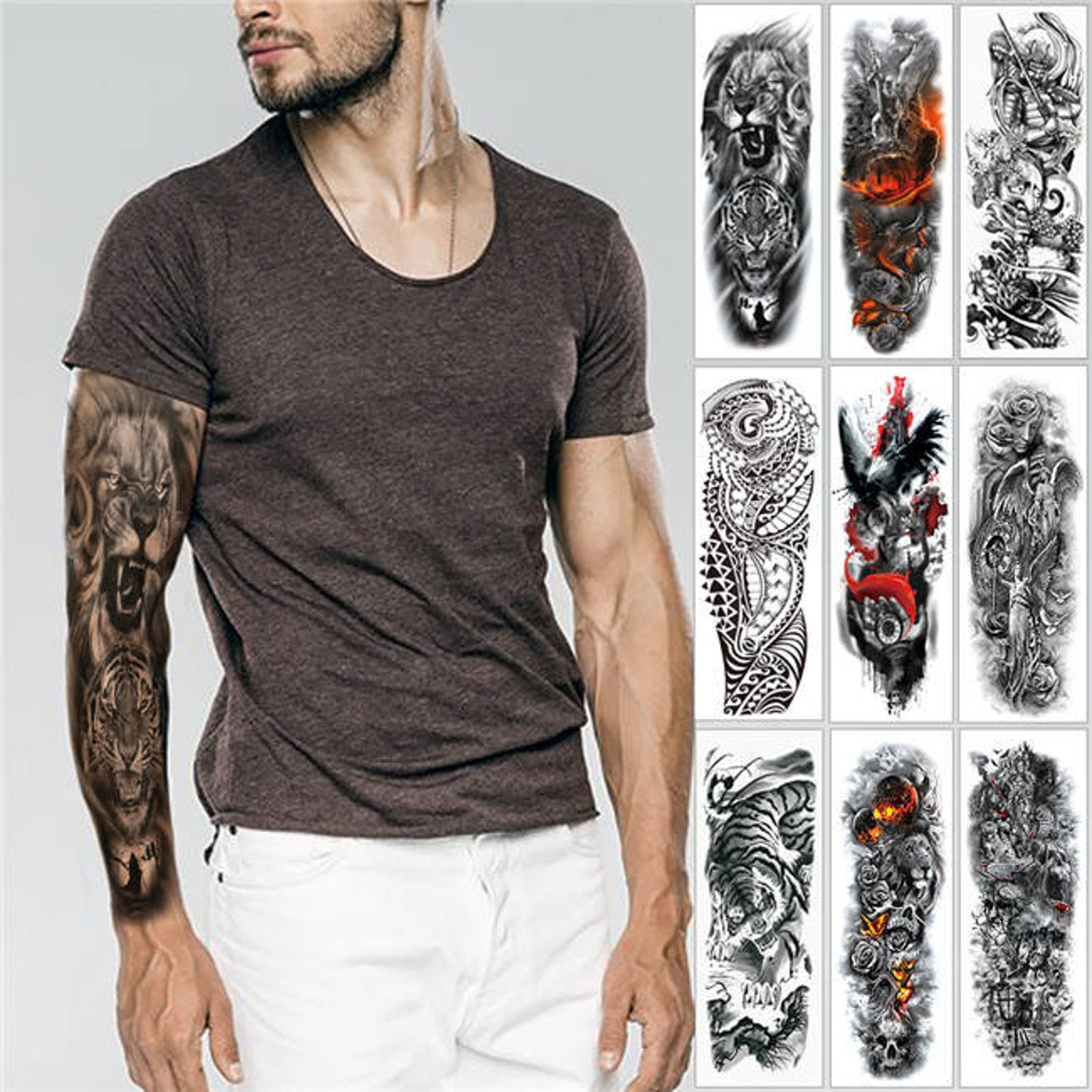 9 Large Arm Sleeve Tattoo Sketch Lion Tiger Waterproof Temporary Tatoo  Sticker Wild Fierce Animal Men Full Bird Totem Tattoo 