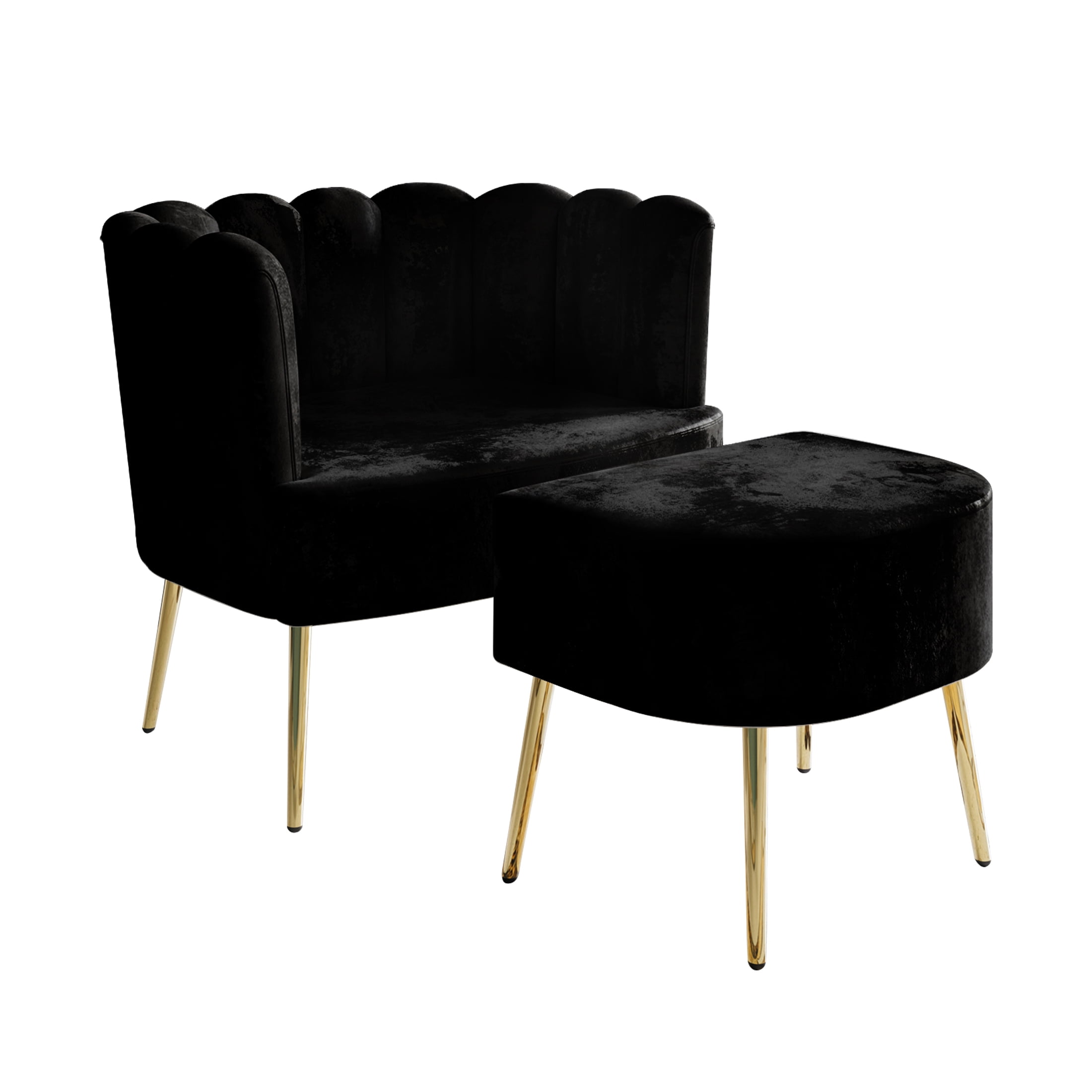Castle Place Modern Luxury Upholstered Velvet Chair with Stool, Black