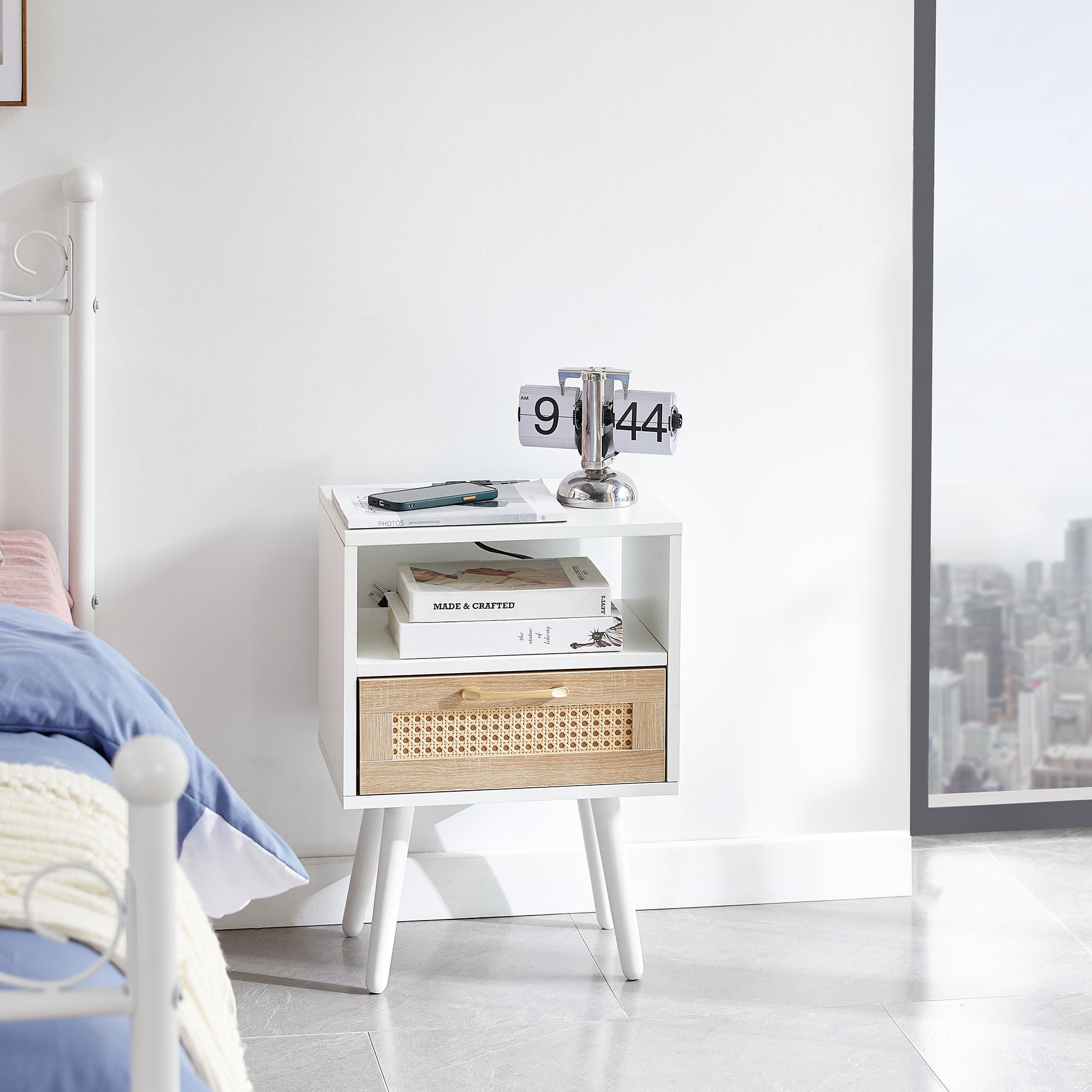 Aukfa Modern Nightstand Rattan End table with Power Outlet,USB Port for Living Room Bedroom,White