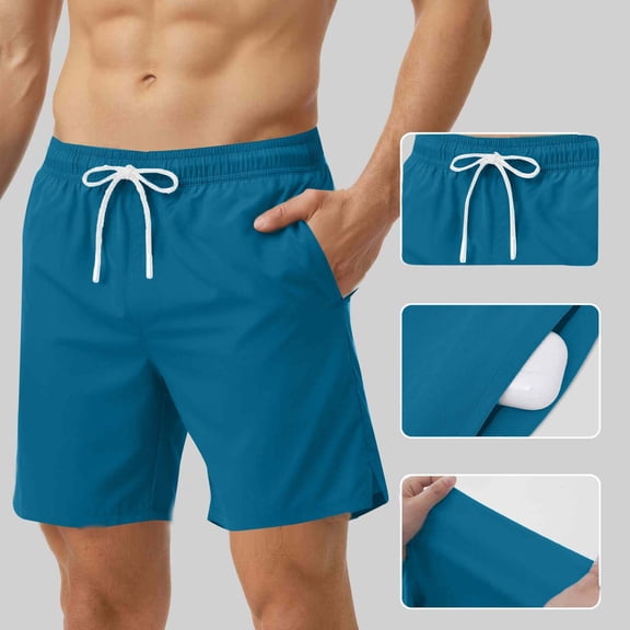 BRGZLK Men's Swim Trunks Summer 2026 Solid Color Quick-Dry Breathable Drawstring Waist Swimming Shorts Vacation Beach Swim Trunks with Compression Liner Navy L