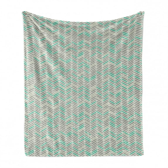 Grey Chevron Soft Flannel Fleece Blanket, Bohemian Style Zigzags in Vintage Tones Folk Art Grunge Illustration, Cozy Plush for Indoor and Outdoor Use, 70" x 90", Sea Green and Pearl, by Ambesonne