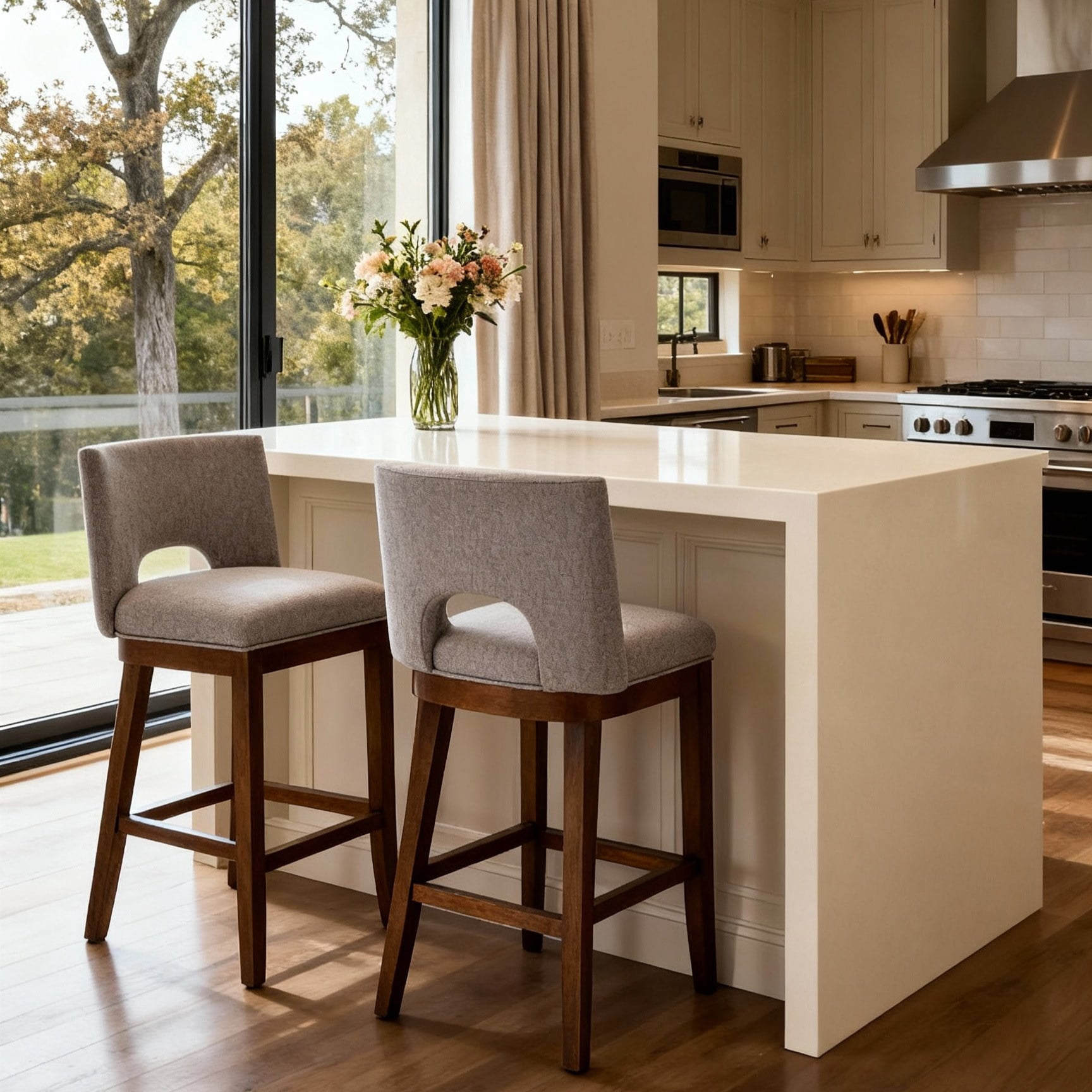 Guyou Linen Bar Stools Set of 2, 26" Modern Counter Height Barstools, Farmhouse Wooden Kitchen Island Chairs with Open Back for Restaurant Kitchen Bar, Grey