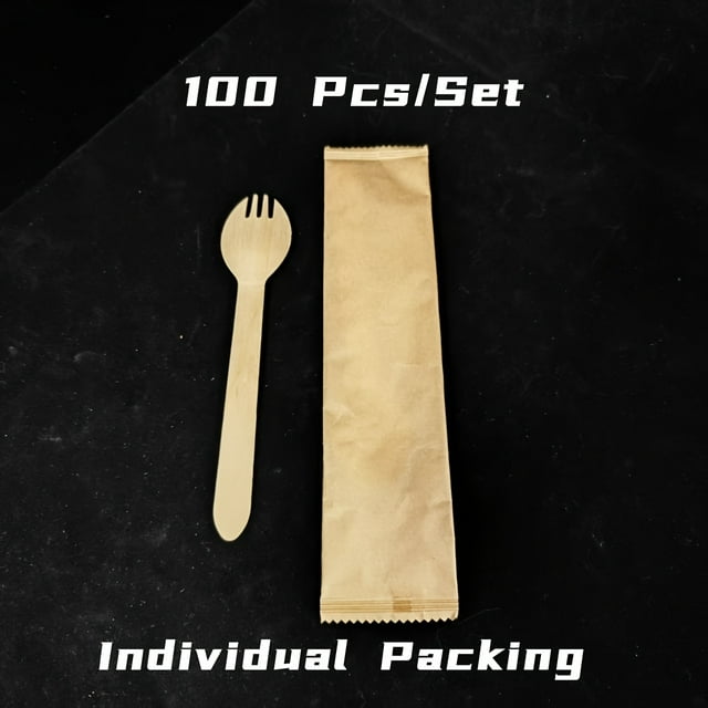 YOPTOP 100pcs Wooden Disposable Cutlery (100pcs) - Fork and Spoon Integrated Individually Wrapped in Kraft Paper for Parties Picnics and Events,100 Pcs/Set