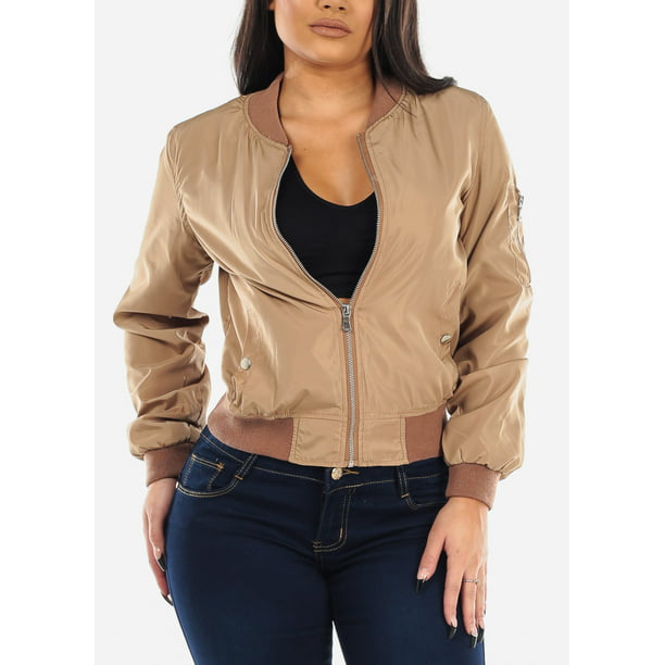 Moda Xpress - Womens Bomber Jacket Long Sleeve Zip Up Silky Khaki ...