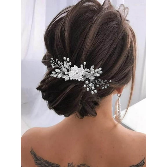 Flower Bride Wedding Hair Comb Silver Crystal Bridal Hair Accessories Pearl Hair Piece for Women and Girls