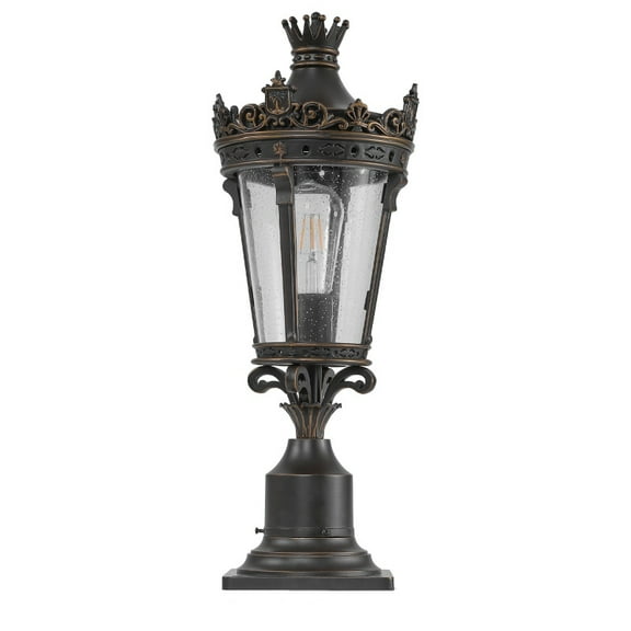 22 Inch Vintage Crown Outdoor Post Lantern Waterproof Decorative Table Lamp Clear Glass Shade Antique Metal Base Garden Patio Porch Pathway Lighting One Piece No Bulb