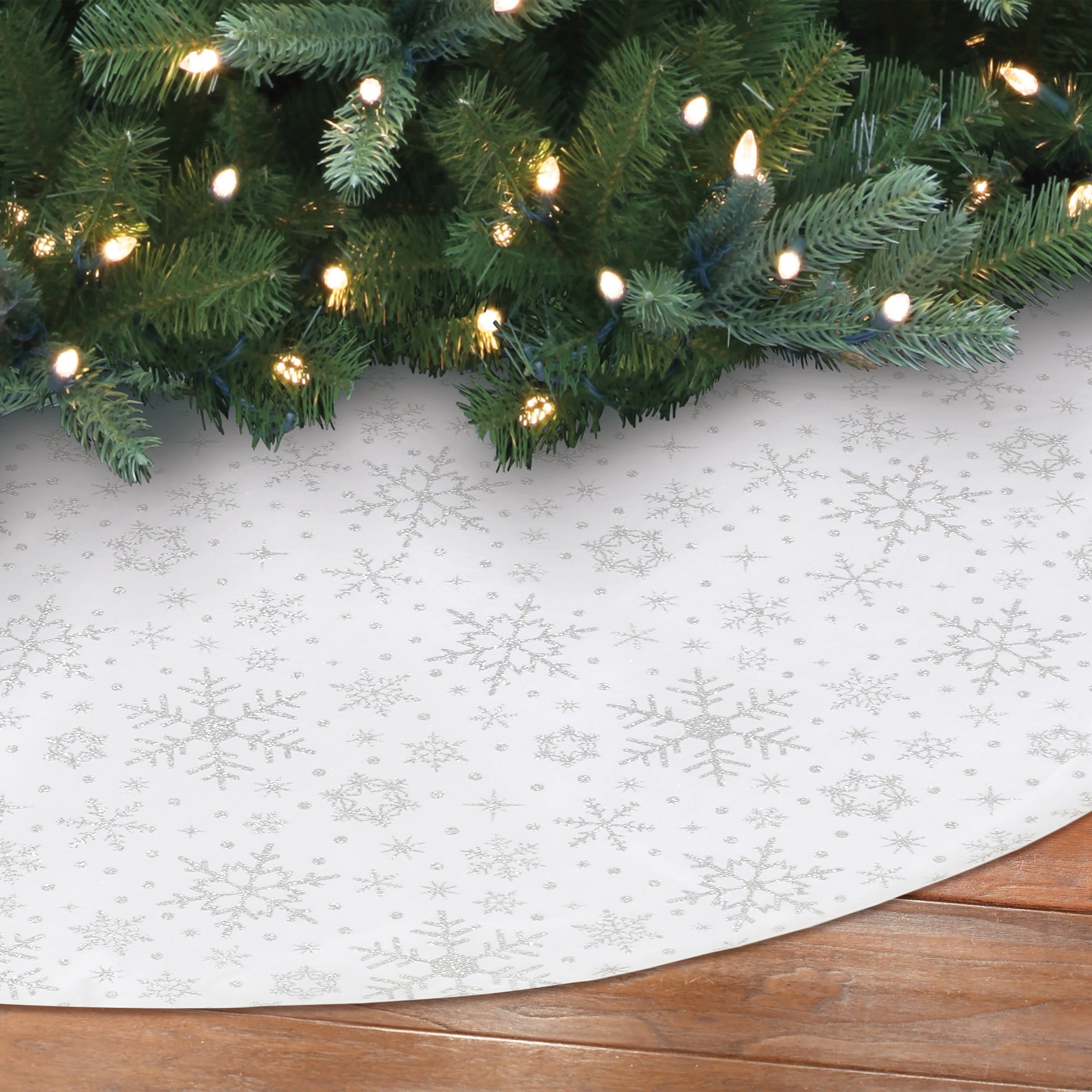 Velvet Glitter Snowflake Christmas Tree Skirt, White, 48", by Holiday Time