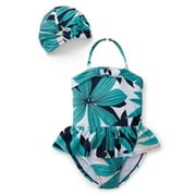 Angle View: Hope & Henry Girls' Palm Print Swimsuit Set With Swim Cap