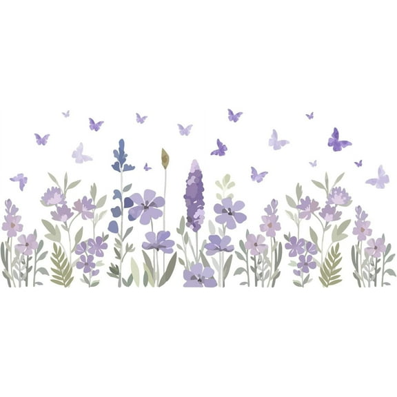 Flowers Large Wall Stickers Purple Flowers Butterfly Vinyl Removable Peel and Stick Wall Decals Art Picture Decorations Decor