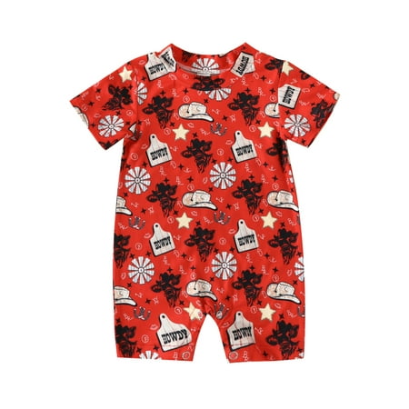 

Newborn Baby Boys Summer Romper Casual Jumpsuit Short Sleeve Hat Boots Cattle Head Print Playsuit Red 12-18 Months