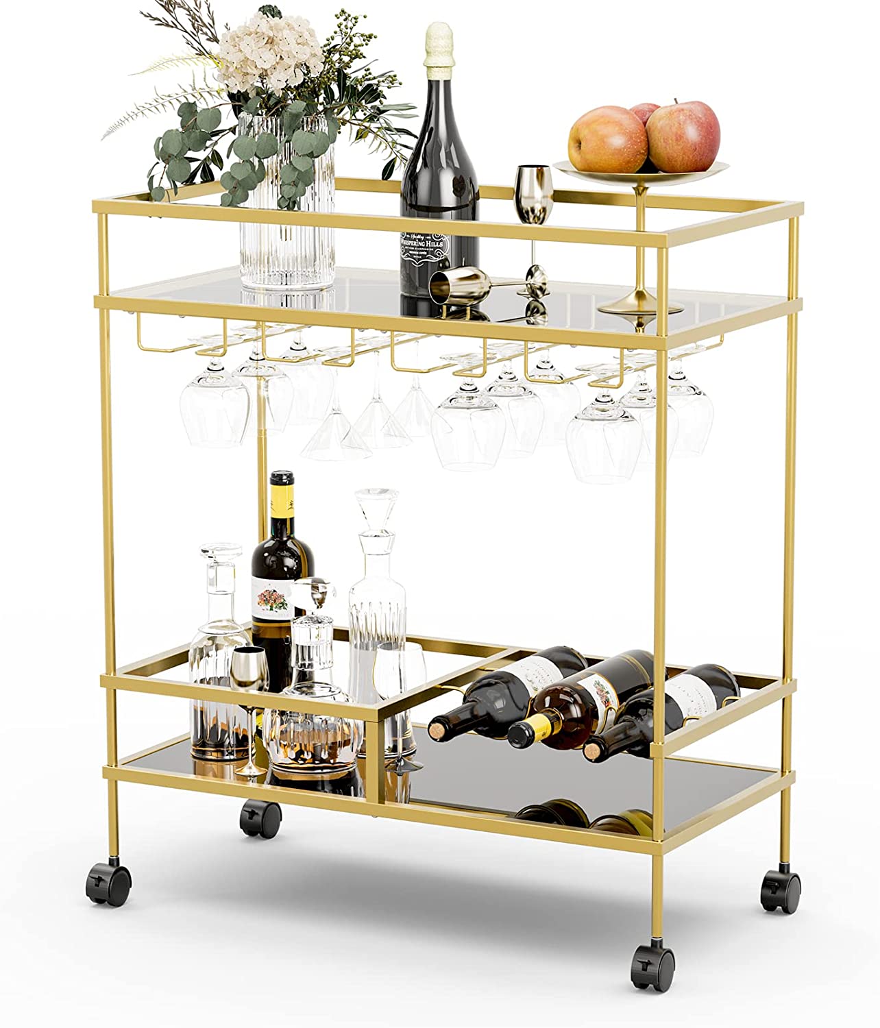 Ohsuaniy Bar Cart Gold, Round Circle Wine Cart 2 Mirror Shelves, Modern Rolling Gold Glass Drink Cart on Wheels, 2-Tier Deluxe Serving Cart for