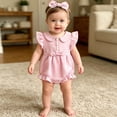 thumbnail image 3 of WNVMWI Newborn Plaid Ruffle Sleeve Bodysuit Baby Girls Cute Romper with Bow Headband Infants Sleeveless Onesie 3-6 Months Pink, 3 of 4