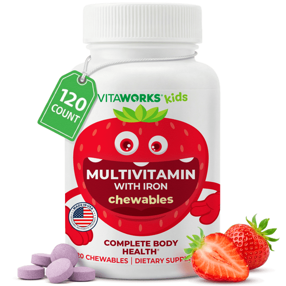VitaWorks Kids Multivitamin with Iron & Minerals - Digestive Support for Children - 120 Chewables