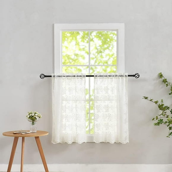 shiyou-Lace Sheer Curtains 30 Inch Length 2 Panels Ivory Floral Small Window Curtains Ideas Farmhouse Privacy Cafe Tiers Curtains for Basement, Kitchen, Bathroom, Laundry Room Rod Pocket 26" x 30" Cr