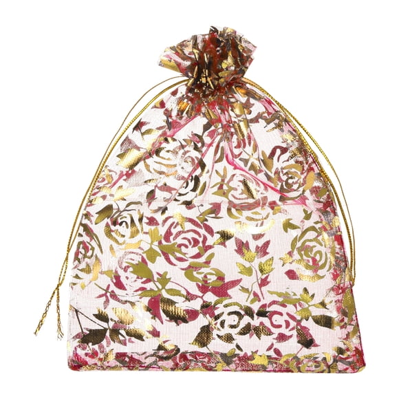 Organza Bag 5" x 7", Flower Heart Mesh Bags Drawstring Gift Bags Party Favor Bag Jewelry Pouches Red-Gold, 100Pcs